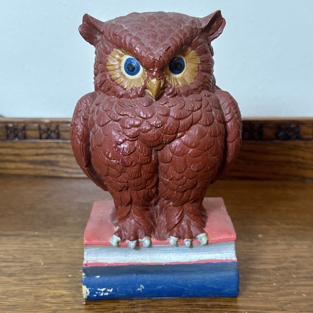 Vintage Resin Owl Bookend Figurine 9" Tall Red Brown on Books 4lb 11oz Decor